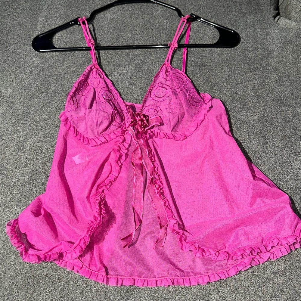 Vintage Y2K Small Baby Doll Fairy Hot Pink Rachel Fuchsia Mesh Lingerie Top